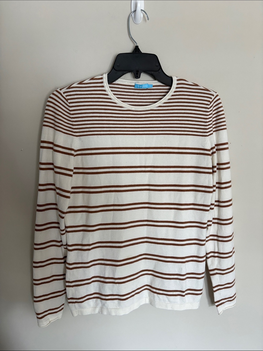 J. McLaughlin Cream and Brown Striped Crewneck Sweater